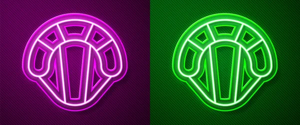 Parlayan neon hattı paraşüt simgesi mor ve yeşil arkaplanda izole edildi. Olağanüstü bir spor. Spor malzemeleri. Vektör İllüstrasyonu