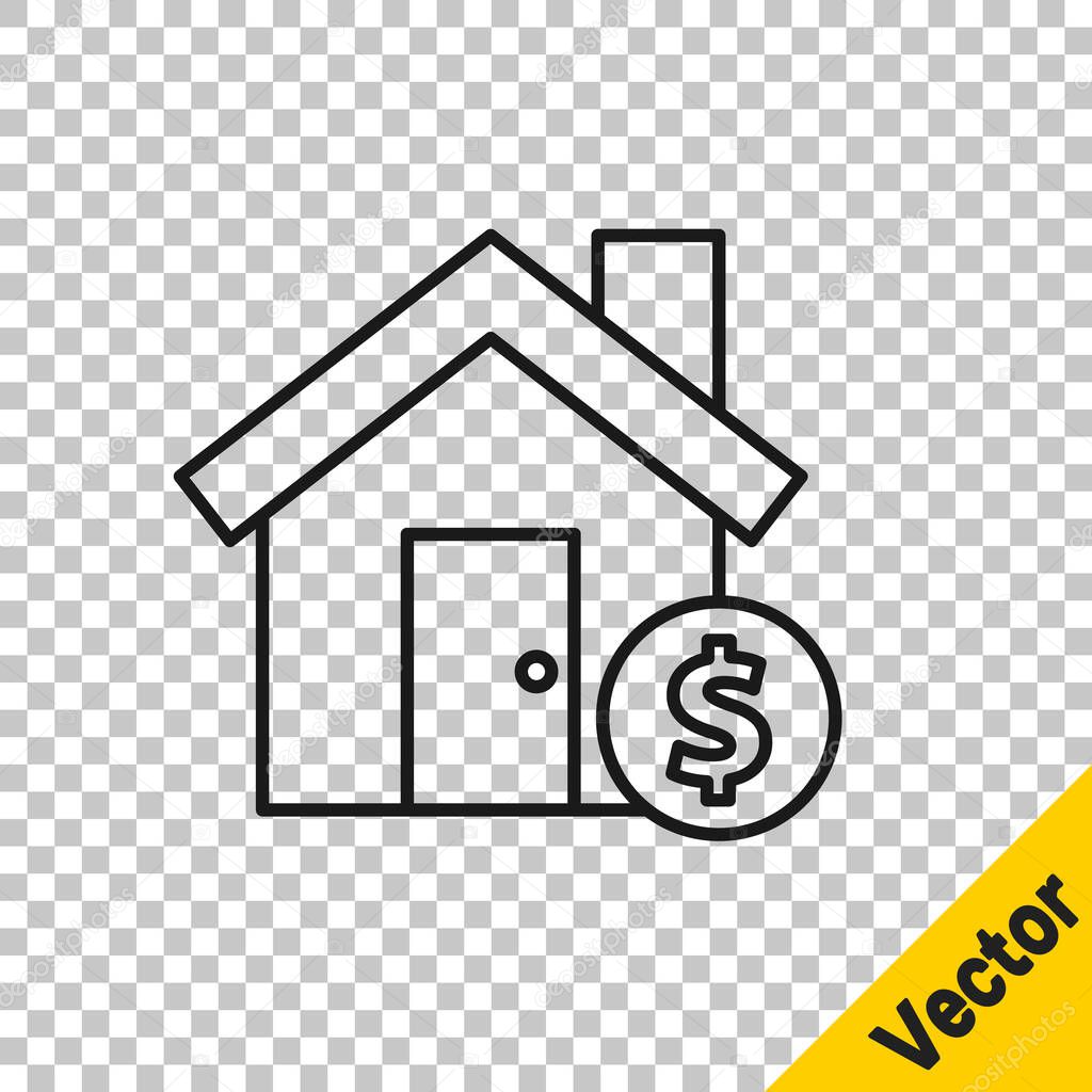 Black line House with dollar symbol icon isolated on transparent background. Home and money. Real estate concept.  Vector Illustration