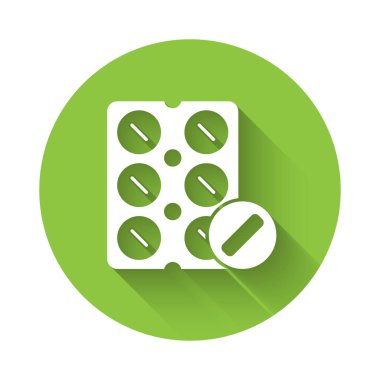Uzun gölgeli, su toplayan beyaz haplar. İlaç paketi. Tablet, vitamin, antibiyotik, aspirin. Yeşil daire düğmesi. Vektör İllüstrasyonu