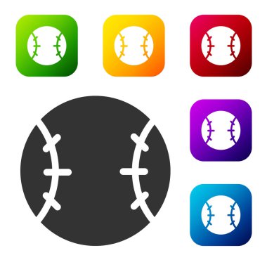 Siyah beyzbol topu ikonu beyaz arkaplanda izole edildi. Renkli kare düğmelerle simgeleri ayarla. Vektör İllüstrasyonu