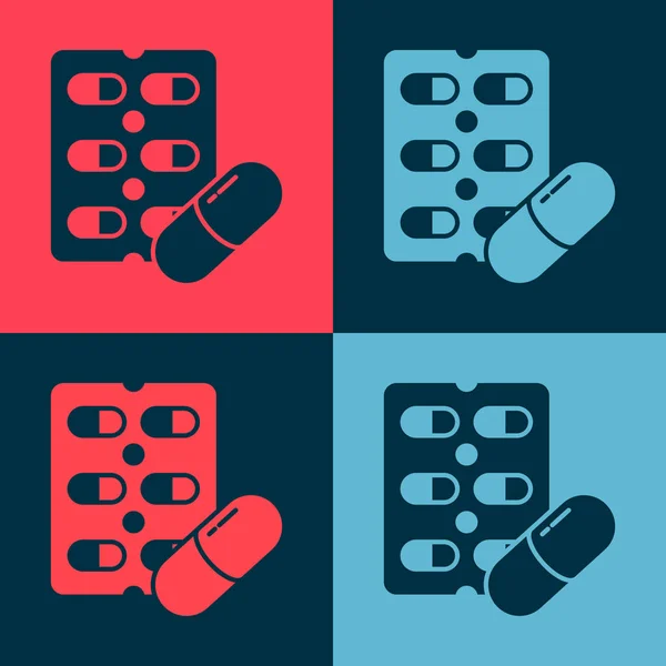 Pop Art Pillen Blisterverpackungssymbol Isoliert Auf Farbigem Hintergrund Medikamentenpaket Für — Stockvektor