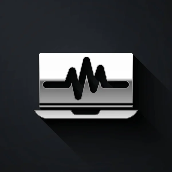 Silver Laptop Cardiogram Icon Isolated Black Background Monitoring Icon Ecg — Stock Vector