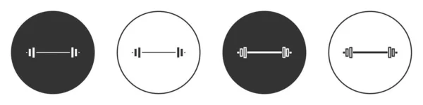 白い背景に黒のバーベルのアイコンが隔離されている 筋肉のリフティングアイコン フィットネスバー スポーツ用品 運動のバンベル 丸ボタン ベクターイラスト — ストックベクタ
