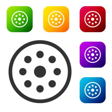 Giysi simgesi için siyah dikiş düğmesi beyaz arkaplanda izole edildi. Giysi düğmesi. Renkli kare düğmelerle simgeleri ayarla. Vektör İllüstrasyonu