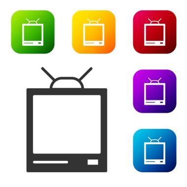 Siyah Retro TV simgesi beyaz arkaplanda izole edildi. Televizyon tabelası. Renkli kare düğmelerle simgeleri ayarla. Vektör İllüstrasyonu