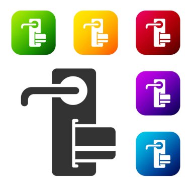 Beyaz arkaplanda izole edilmiş ikonu açmak için kablosuz teknolojiye sahip siyah dijital kapı kilidi. Kapı kolu tabelası. Güvenlik akıllı ev. Renkli kare düğmelerle simgeleri ayarla. Vektör İllüstrasyonu