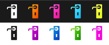 Kapı tutamacı simgesini siyah beyaz arka planda yalıtılmış olarak ayarlayın. Kapı kilidi tabelası. Vektör İllüstrasyonu