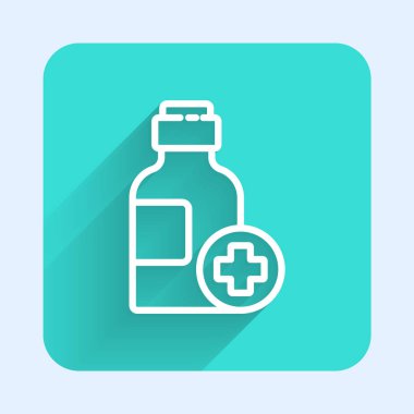 Beyaz çizgi, uzun gölgeli ilaç şurubu ikonu. Yeşil kare düğmesi. Vektör İllüstrasyonu