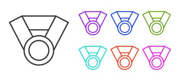 Beyaz arkaplanda siyah çizgi madalyası ikonu izole edildi. Kazanan başarı işareti. Ödül madalyası. Simgeleri renklendirin. Vektör İllüstrasyonu