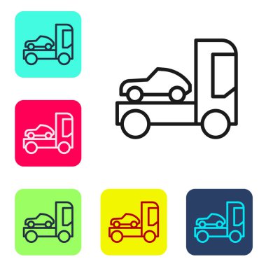 Siyah çizgili araç taşıyıcı kamyonu beyaz arka planda izole edilmiş araç simgesini taşımak için. Renkli kare düğmelerle simgeleri ayarla. Vektör İllüstrasyonu