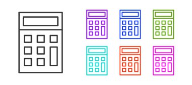 Siyah çizgi hesap makinesi simgesi beyaz arkaplanda izole edildi. Muhasebe sembolü. İş hesaplamaları matematik eğitimi ve finans. Simgeleri renklendirin. Vektör İllüstrasyonu