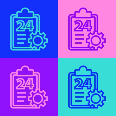 Renk arkaplanında 24 saatlik servis simgesine sahip pop sanat çizgisi kontrol panosu. Vektör İllüstrasyonu