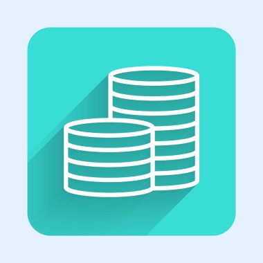 Beyaz çizgi madeni para ikonu uzun gölgeli izole. Bankacılık işareti. Para sembolü. Yeşil kare düğmesi. Vektör İllüstrasyonu