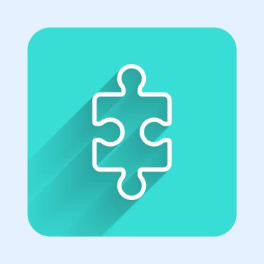 Yapboz simgesinin beyaz çizgi parçası uzun gölgeli izole edilmiş. İş, pazarlama, finans, düzen, bilgi grafikleri, internet konsepti. Yeşil kare düğmesi. Vektör İllüstrasyonu