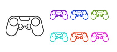Siyah çizgi Gamepad simgesi beyaz arkaplanda izole edildi. Oyun kontrolörü. Simgeleri renklendirin. Vektör İllüstrasyonu