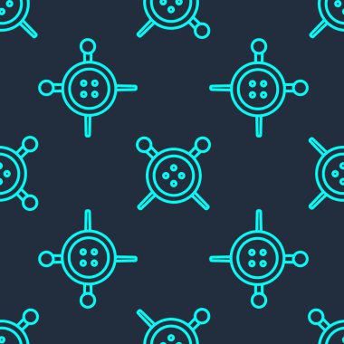 Yeşil çizgili dikiş düğmesi ve örgü iğneleri ikonu mavi arkaplanda izole edilmiş dikişsiz desen. Giysi düğmesi. Vektör İllüstrasyonu