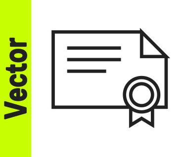 Beyaz arkaplanda siyah çizgi sertifika şablon simgesi izole edildi. Başarı, ödül, diploma, burs, diploma kavramları. Vektör İllüstrasyonu