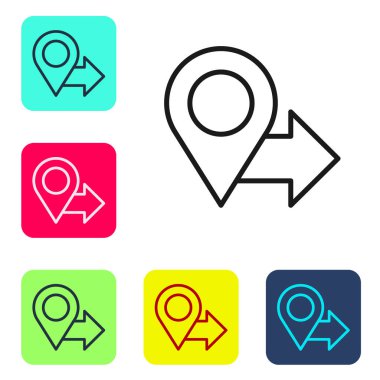 Siyah çizgi harita pin simgesi beyaz arkaplanda izole edildi. Navigasyon, işaret, konum, harita, GPS, yön, yer, pusula, arama konsepti. Renkli kare düğmelerle simgeleri ayarla. Vektör İllüstrasyonu