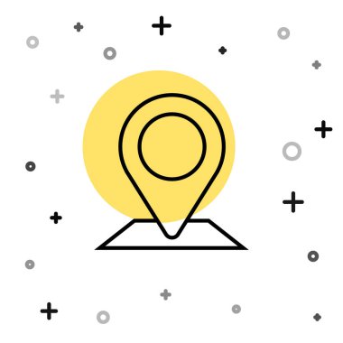 Siyah çizgi harita pin simgesi beyaz arkaplanda izole edildi. Navigasyon, işaret, konum, harita, GPS, yön, yer, pusula, arama konsepti. Rastgele dinamik şekiller. Vektör İllüstrasyonu