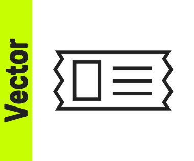 Siyah çizgi sinema bileti simgesi beyaz arkaplanda izole edildi. Vektör İllüstrasyonu