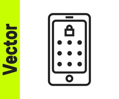 Siyah çizgi cep telefonu ve beyaz arkaplanda izole edilmiş grafik şifre koruma simgesi. Güvenlik, kişisel erişim, kullanıcı yetkisi. Vektör İllüstrasyonu