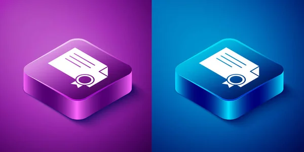 Isométrique Icône Modèle Certificat Isolé Sur Fond Bleu Violet Réalisations — Image vectorielle