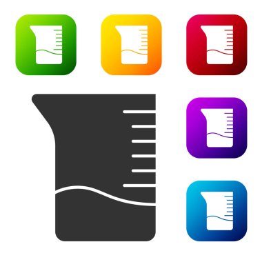 Siyah Ölçme kabı simgesi beyaz arkaplanda izole edilmiş. Plastik şişenin sapı var. Renkli kare düğmelerle simgeleri ayarla. Vektör İllüstrasyonu