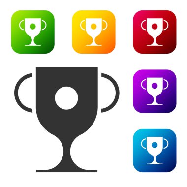Beyaz arka planda siyah ödül kupa simgesi izole. Galibiyet ödülü sembolü. Şampiyonluk ya da yarışma kupası. Spor başarısı işareti. Renkli kare düğmelerle simgeleri ayarla. Vektör İllüstrasyonu