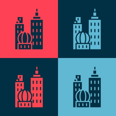 Pop Art City manzara ikonu renk arkaplanında izole edilmiş. Metropolis mimarisi panoramik manzara. Vektör İllüstrasyonu