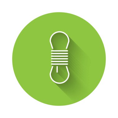 Beyaz Dağcı ip ikonu uzun gölgeli izole edilmiş. Olağanüstü bir spor. Spor malzemeleri. Yeşil daire düğmesi. Vektör İllüstrasyonu