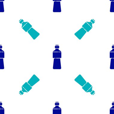 Mavi su ikonu şişesi beyaz arka planda izole edilmiş kusursuz desen. Soda su içme tabelası. Vektör İllüstrasyonu