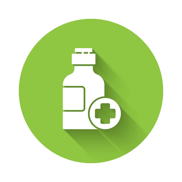 Λευκό Μπουκάλι Σιρόπι Φάρμακο Εικονίδιο Απομονώνονται Μεγάλη Σκιά Πράσινο Κουμπί — Διανυσματικό Αρχείο