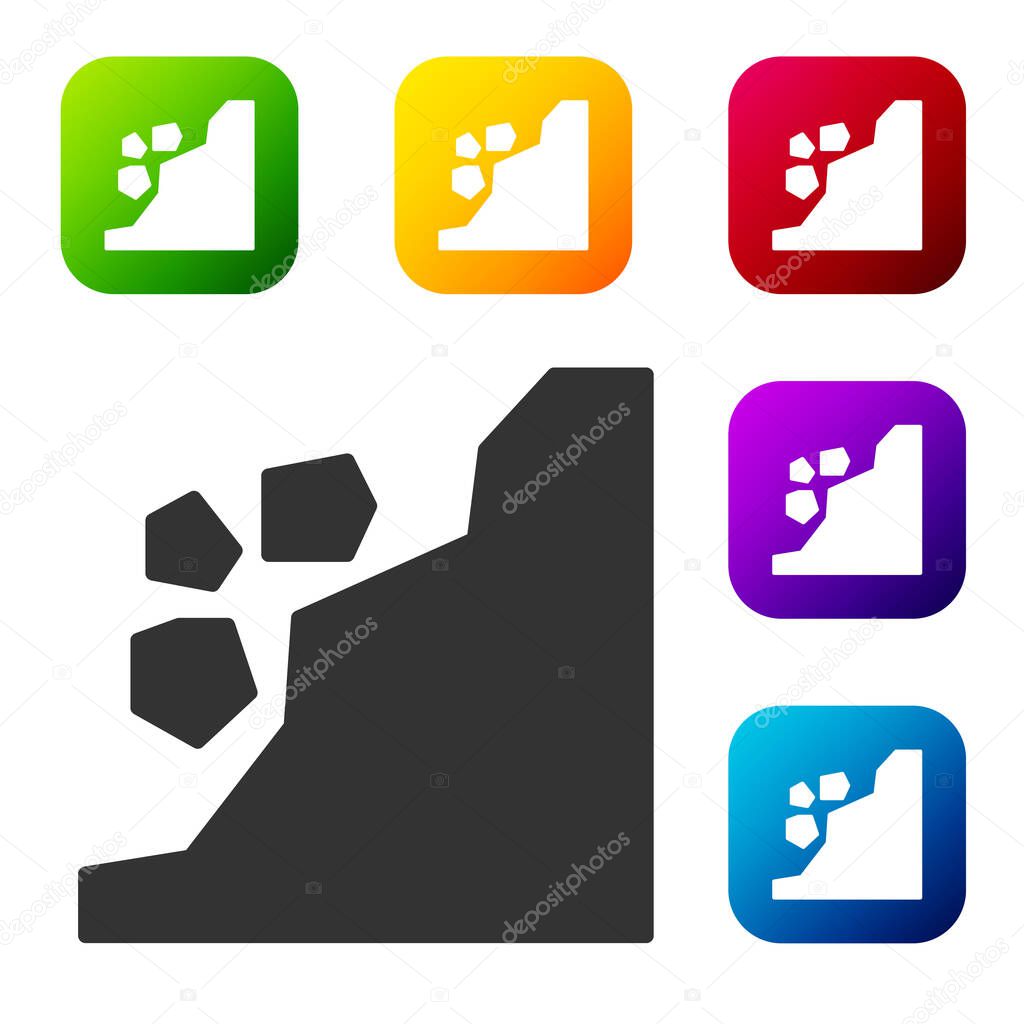 Black Landslide icon isolated on white background. Stones fall from the rock. Boulders rolling down a hill. Rockfall. Set icons in color square buttons. Vector Illustration