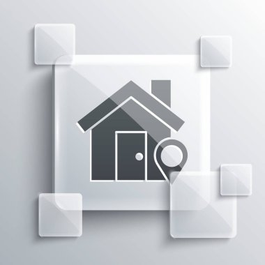 Gri arkaplanda ev simgesi olan gri harita işaretçisi. Ev konumu belirleyici sembol. Kare cam paneller. Vektör İllüstrasyonu