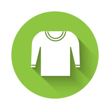 Uzun gölgeli beyaz süveter ikonu. Kazak ikonu. Yeşil daire düğmesi. Vektör İllüstrasyonu