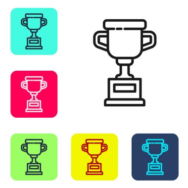 Siyah çizgi ödüllü kupa simgesi beyaz arkaplanda izole edilmiş. Galibiyet ödülü sembolü. Şampiyonluk ya da yarışma kupası. Spor başarısı işareti. Renkli kare düğmelerle simgeleri ayarla. Vektör İllüstrasyonu