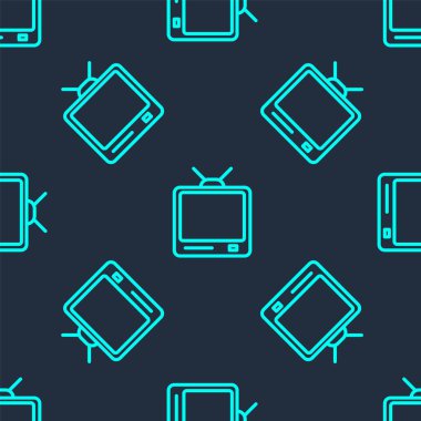 Yeşil çizgi Retro TV simgesi mavi arkaplanda izole edilmiş kusursuz desen. Televizyon tabelası. Vektör İllüstrasyonu
