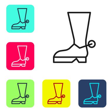 Beyaz arka planda siyah çizgi kovboy çizmesi simgesi izole edildi. Renkli kare düğmelerle simgeleri ayarla. Vektör İllüstrasyonu