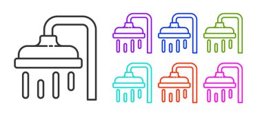 Beyaz zemin üzerinde su damlaları akan siyah duş başlığı izole edilmiş. Simgeleri renklendirin. Vektör İllüstrasyonu