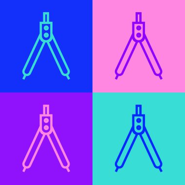 Pop sanat çizgisi renk arkaplanına pusula simgesi çiziyor. Pusula işareti. Çizim ve eğitim araçları. Geometrik alet. Vektör İllüstrasyonu