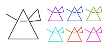 Prizma simgesindeki siyah çizgi ışığı beyaz arkaplanda izole edilmiş. Cam prizmada gökkuşağı spektrum dağılımı optik etkisi. Simgeleri renklendirin. Vektör İllüstrasyonu