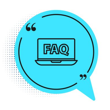 Siyah çizgi dizüstü bilgisayar ve SSS simgesi beyaz arkaplanda izole edildi. Ayarlama, servis, ayar, bakım, onarım, onarım. Mavi konuşma balonu sembolü. Vektör İllüstrasyonu