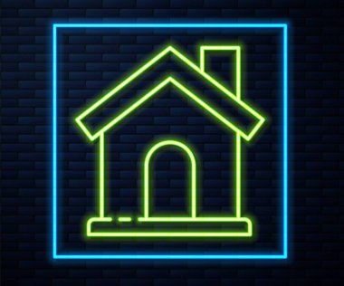 Işıldayan neon çizgili ev simgesi tuğla duvar arkasında izole edildi. Ev sembolü. Vektör İllüstrasyonu