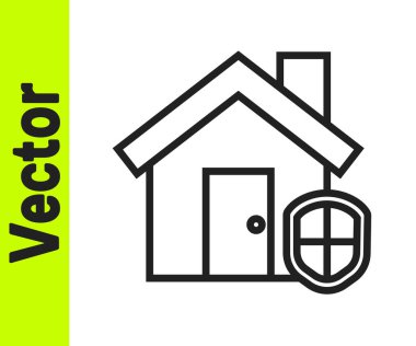 Beyaz arka planda izole edilmiş siyah çizgi ev koruma simgesi altında. Ev ve kalkan. Koruma, güvenlik, güvenlik, koruma, savunma konsepti. Vektör İllüstrasyonu
