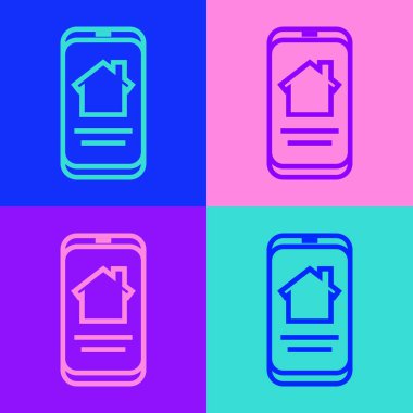 Pop Art Line Online emlak evi akıllı telefon ikonundaki renk arkaplanı izole edilmiş. Ev kredisi konsepti, kira, satın alma, mülk alma. Vektör İllüstrasyonu