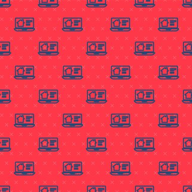 Dizüstü bilgisayar ikonundaki Blue Line Online emlak evi kırmızı arkaplanda kusursuz desen izole etti. Ev kredisi konsepti, kira, satın alma, mülk alma. Vektör İllüstrasyonu