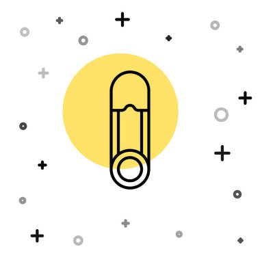 Siyah çizgi klasik kapalı çelik güvenlik iğnesi simgesi beyaz arka planda izole edilmiş. Rastgele dinamik şekiller. Vektör İllüstrasyonu