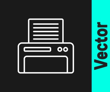 Siyah arkaplanda beyaz çizgi yazıcı simgesi izole edildi. Vektör İllüstrasyonu