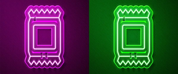 Светящийся Неоновая Линия Удобрения Мешок Значок Изолирован Фиолетовом Зеленом Фоне — стоковый вектор