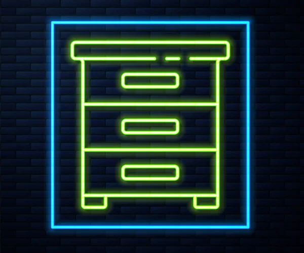 Glowing Neon Line Drawer Documents Icon Isolated Brick Wall Background — Stock Vector